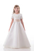 A Line Scoop Short Sleeves Satin Applique Flower Girl Dresses LBQF0007