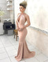 Blushing Pink Mermaid Jewel Sweep Train Backless Prom Dress with Keyhole LBQ0045