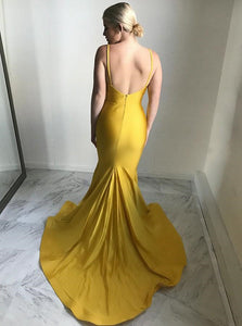Mermaid Spaghetti Straps Pleats Open Back Yellow Satin Prom Dress