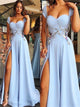 Blue Sweep Train Satin Prom Dresses