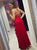 A Line Spaghetti Straps Red Satin Lace Up Prom Dress with Ruffles 