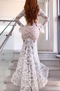 Sexy Ivory Mermaid V Neck Long Sleeves Lace Wedding Dresses with Slit
