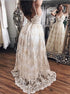 Champagne Lace Open Back V Neck Spaghetti Straps Prom Dresses LBQ0151