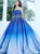 Shiny and Elegant Blue Ball Gown Strapless Tulle Prom Dresses with Beadings