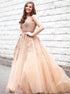 Champagne V Neck Tulle Lace Prom Dress LBQ1224