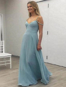 Blue A Line V Neck Chiffon Floor Length Open Back Prom Dresses