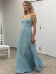 Blue A Line V Neck Chiffon Floor Length Open Back Prom Dresses