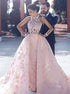 A Line High Neck Open Back Pink Organza Prom Dress with Appliques LBQ0294