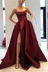 Burgundy Strapless Bodice Corset Prom Dress With Leg Split and Pleats MOS10