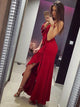 A Line Red Satin Lace Up Floor Length Prom Dress with Ruffles 