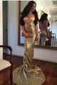 Spaghetti Straps Open Back Sequins Gold Prom Dresses with Chapel Train