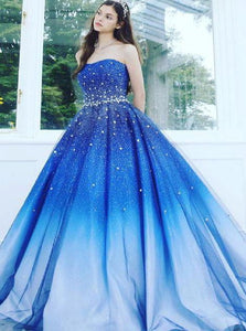 Shiny Blue Ball Gown Strapless Tulle Prom Dresses