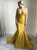 Mermaid Spaghetti Straps Pleats Yellow Satin Prom Dresses with Sweep Train