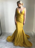 Mermaid Spaghetti Straps Pleats Yellow Satin Prom Dress LBQ0195
