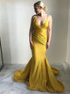 Mermaid Spaghetti Straps Pleats Yellow Satin Prom Dresses with Sweep Train