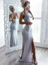 Grey Sheath Scoop Spandex Open Back Prom Dress with Appliques Split LBQ0067