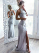 Sexy Grey Sheath Scoop Spandex Open Back Prom Dress with Appliques Split