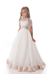 A Line Scoop Tulle Beaded Appliqued Flower Girl Dresses LBQF0008