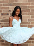 A Line Spaghetti Straps Lace White Short Homecoming Dress LBQH0009