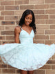 A Line Spaghetti Straps Lace White Short Homecoming Dress