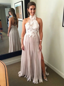 Halter Blush Pleated Chiffon Prom Dress with Appliques Split