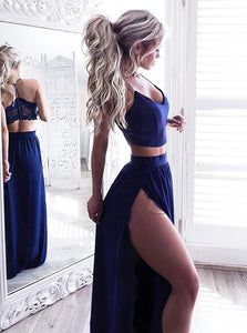 Royal Blue Stretch Satin Two Piece V Neck Criss Cross Prom Dress with Lace and High Leg Slit