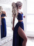 Royal Blue Stretch Satin Two Piece V Neck Criss Cross Prom Dress with Lace LBQ0012