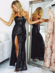 Black Sequin Sweetheart Sheath Open Back Prom Dresses with Slit