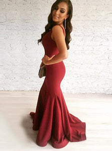 Sexy Mermaid Scoop Sleeveless Red Satin Prom Dresses with Pleats