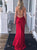 Red Sheath Spaghetti Straps Elastic Satin Criss Cross Prom Dresses with Split 