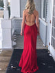 Red Sheath Spaghetti Straps Elastic Satin Criss Cross Prom Dresses with Split 