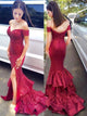 Sexy Mermaid Off the Shoulder Sweep Train Red Sequins Prom Dresses with Ruffles 
