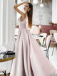 A Line V Neck Floor Length Sleeveless Pink Satin Floor Length Prom Dresses