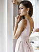 A Line V Neck Floor Length Sleeveless Pink Pleats Open Back Satin Prom Dress