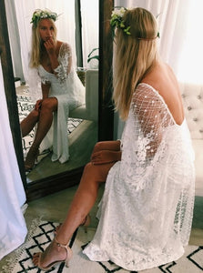 Elegant Sheath Half Sleeves Backless Lace Wedding Dress with Split Wraps