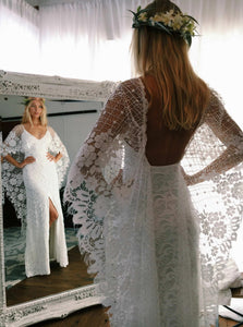  Sheath Half Sleeves Backless Lace Wedding Floor Length Dresses with Split Wraps
