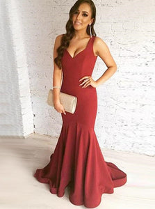 Mermaid Scoop Sleeveless Sweep Train Red Satin Prom Dresses