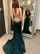 A Line Open Back Green Satin Floor Length Prom Dresses with Appliques Beadings 