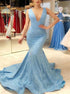 Mermaid V Neck Blue Prom Dresses LBQ1559