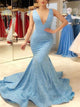 Mermaid V Neck Blue Prom Dresses