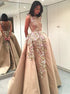 A Line Bateau Light Brown Satin Appliques Prom Dress  LBQ0081