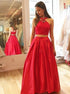 Red Two Piece V Neck Satin Prom Dress with Lace Rhinestones LBQ0030