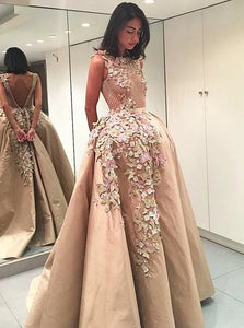 A Line Bateau Light Brown Satin Appliques Sweep Train Prom Dresses