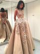 A Line Bateau Light Brown Satin Appliques Sweep Train Prom Dresses