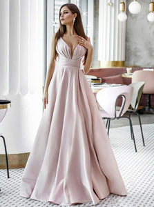 A Line V Neck Floor Length Pink Satin Prom Dresses