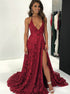 Sexy Burgundy Lace Deep V Neck Prom Dress with Slit LBQ0001