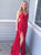 Red Sheath Spaghetti Straps Elastic Satin Sweep Train Prom Dress with Split 