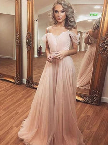 A Line Spaghetti Straps Pink Tulle Prom Dresses LBQ0237