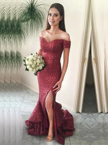 Graceful Mermaid Off the Shoulder Sweep Train Red Sequined Prom Dress with Ruffles 