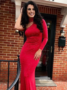 Sexy Mermaid Red Spandex One Long Shoulder Prom Dress with Beading